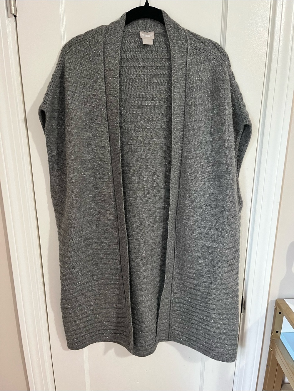 Chico's Gray Sparkly Ribbed Open-Front Knit Cardigan
